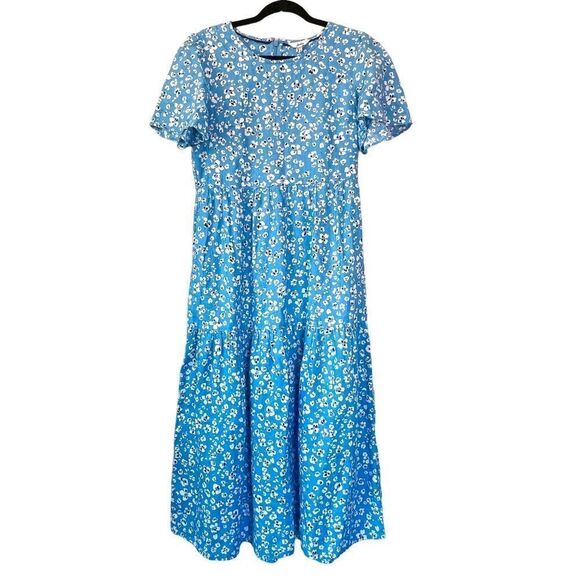 Joules Blue Floral Billie Short Sleeve Linen Midi Dress Size 6 - Picture 1 of 6